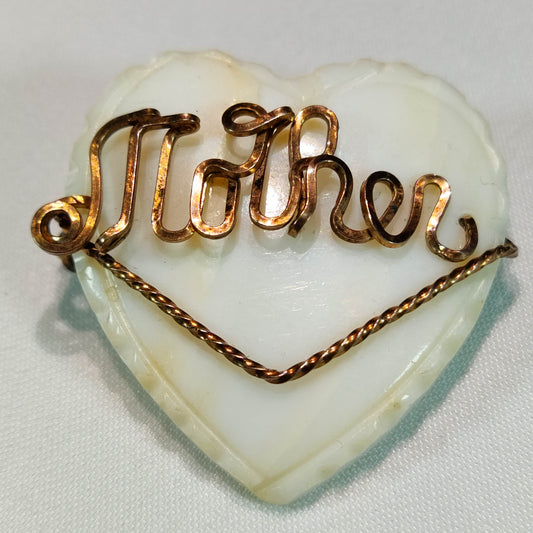 1930's Vintage Mother Heart Pin with Gold Tone Metal "Mother"