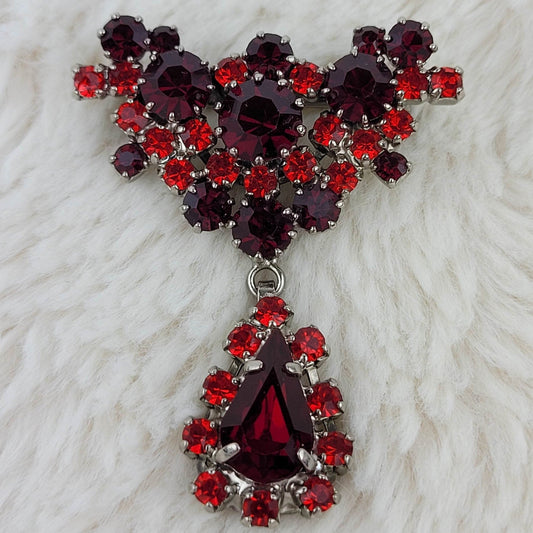 1950s Vintage Pin with a Red Rhinestone Dangle Pendant