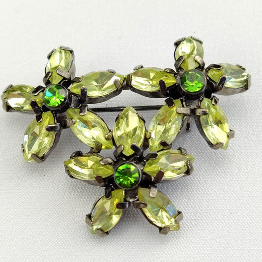 1960s Vintage Flower Pin with Clustered Green Rhinestones