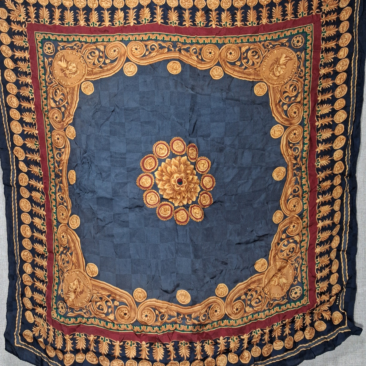 Vintage Designer Silk Scarf in Gold, Navy, and Red by Elaine Gold