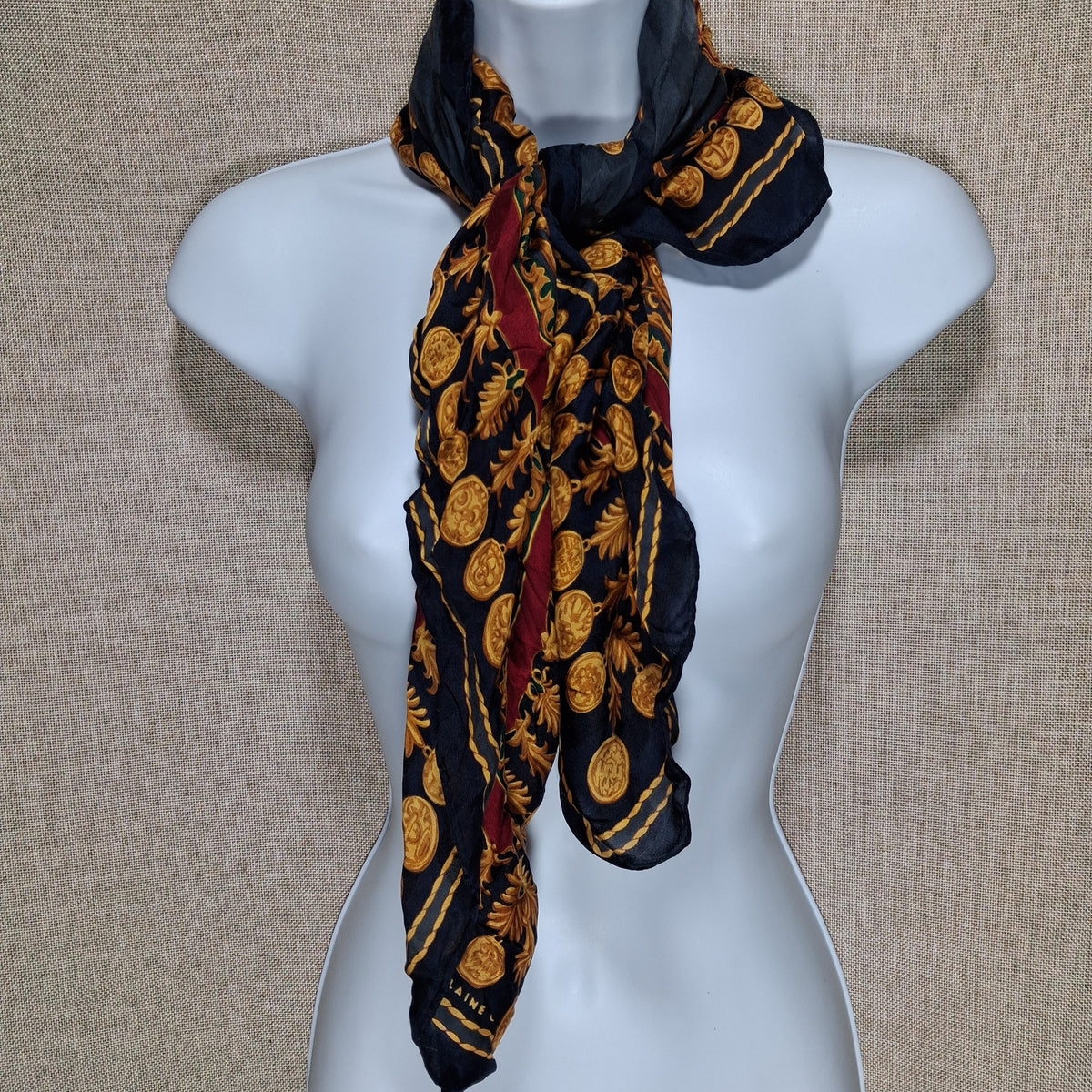 Vintage Designer Silk Scarf in Gold, Navy, and Red by Elaine Gold