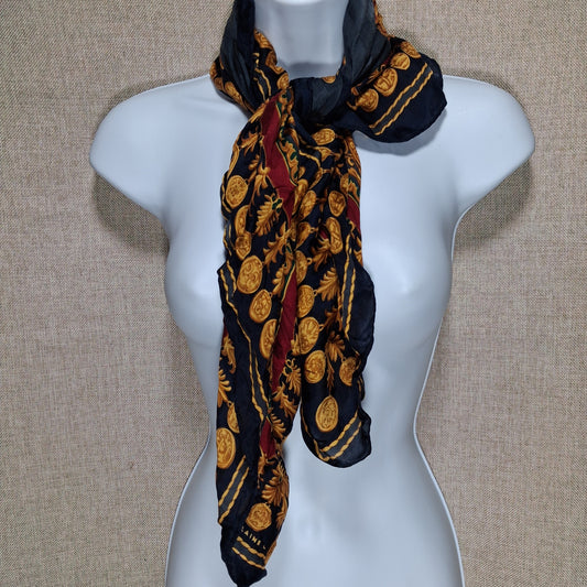 Vintage Designer Silk Scarf in Gold, Navy, and Red by Elaine Gold