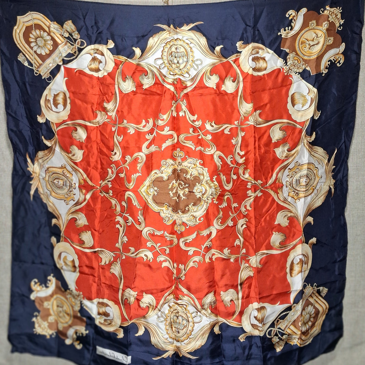 Vintage Silk Scarf in Navy Blue and Red by Claude Chevalier