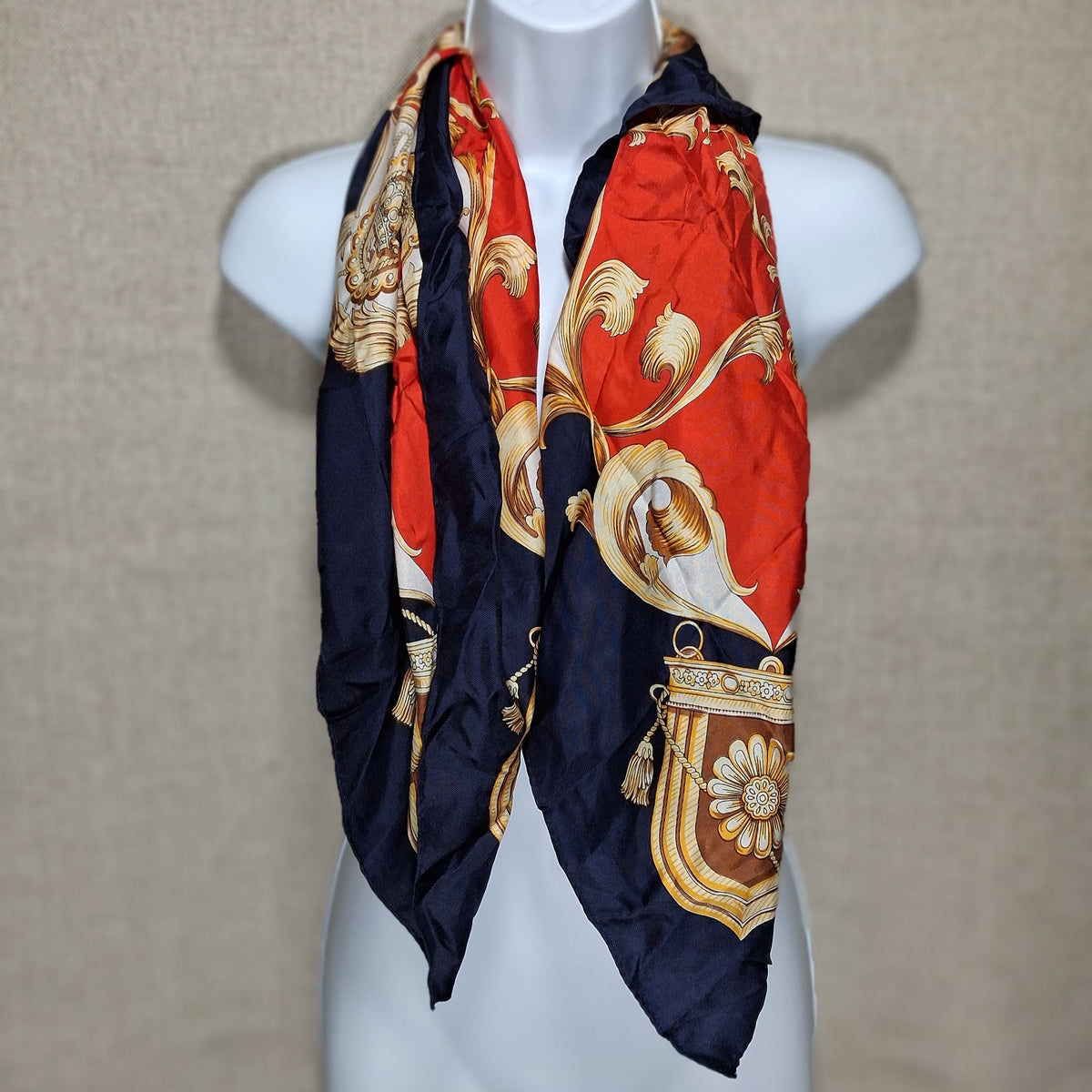 Vintage Silk Scarf in Navy Blue and Red by Claude Chevalier