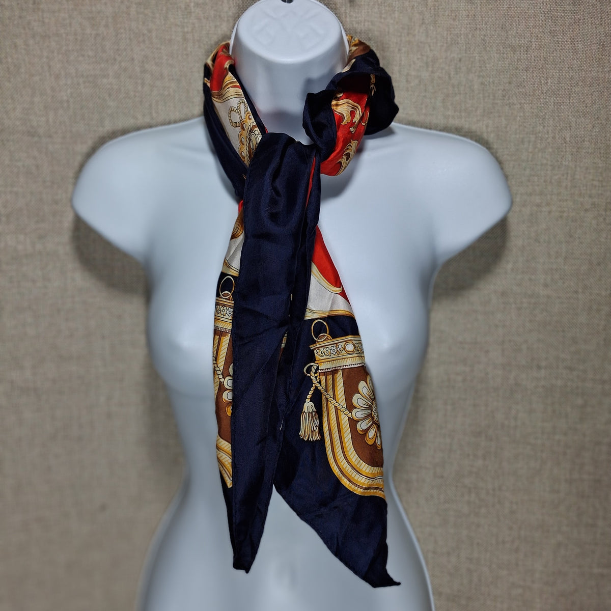 Vintage Silk Scarf in Navy Blue and Red by Claude Chevalier