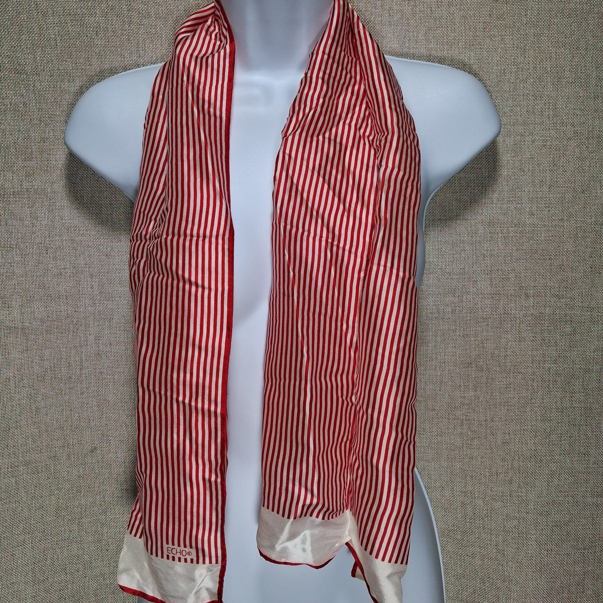 Vintage Silk Designer Scarf in Red and White Candy Stripes by Echo