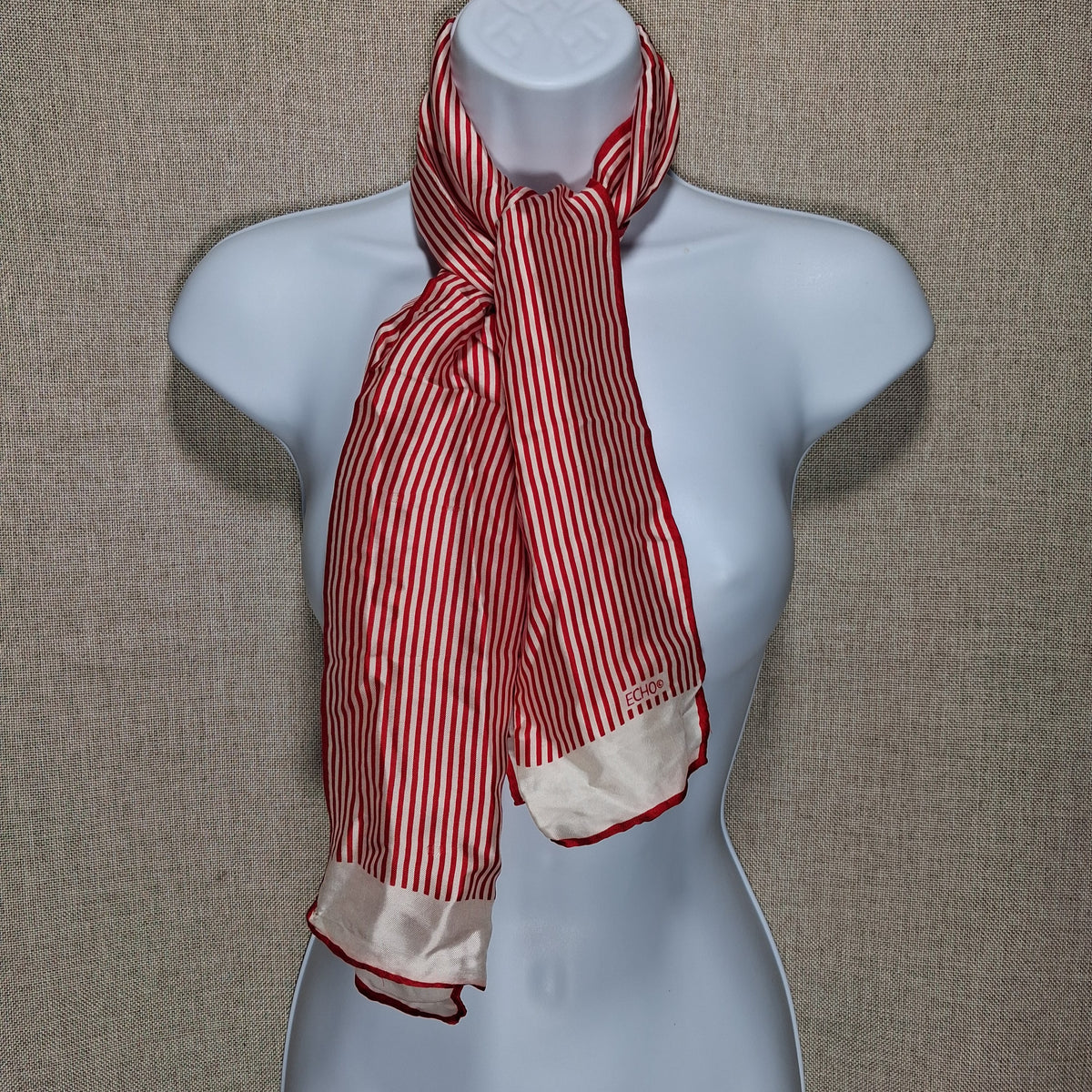 Vintage Silk Designer Scarf in Red and White Candy Stripes by Echo