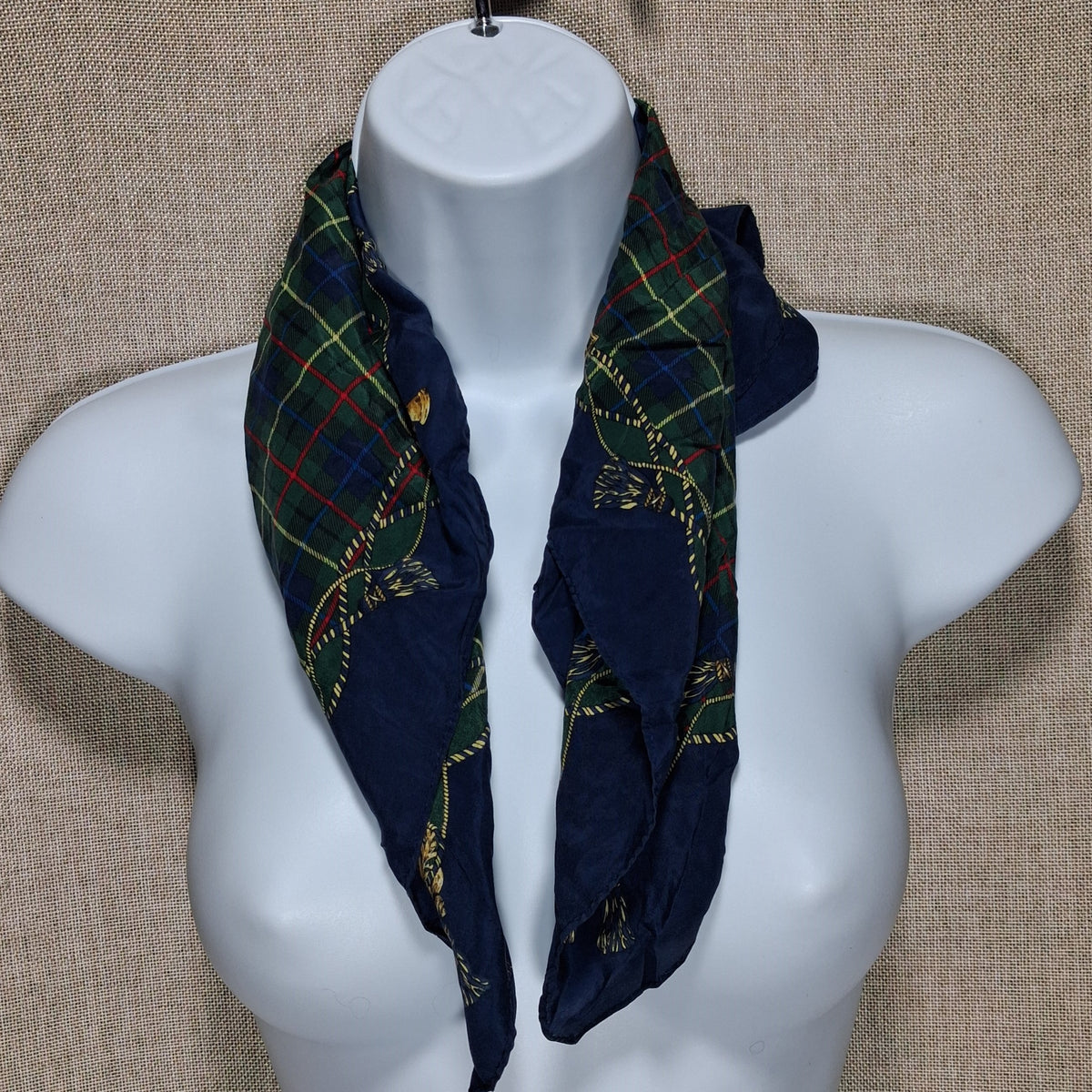 Vintage Silk Scarf in a Blue and Green Tartan Trophy Pattern from Pendelton