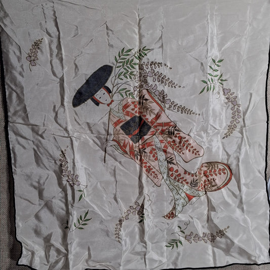 Vintage Hand Painted Silk Scarf: Geisha Design in Red and Black from Japan