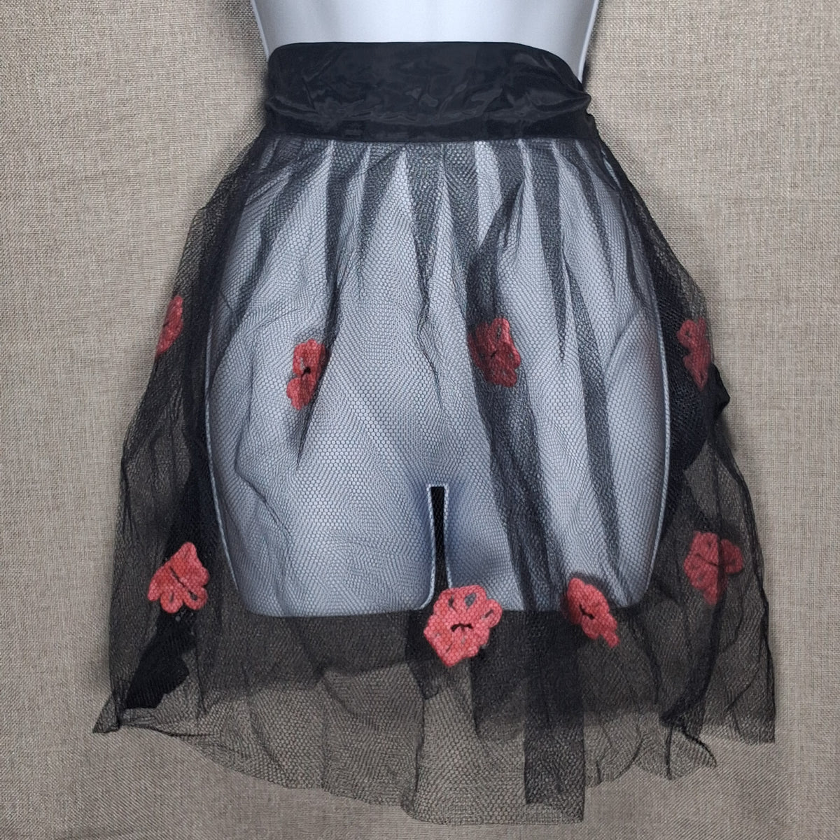 Vintage Sheer Black Apron with Red Felt Flowers