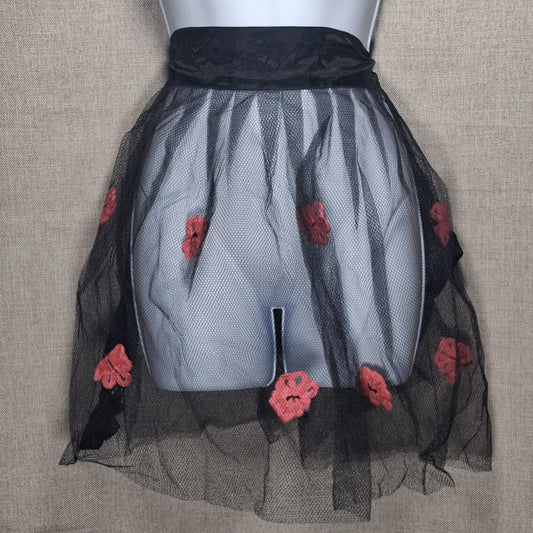Vintage Sheer Black Apron with Red Felt Flowers