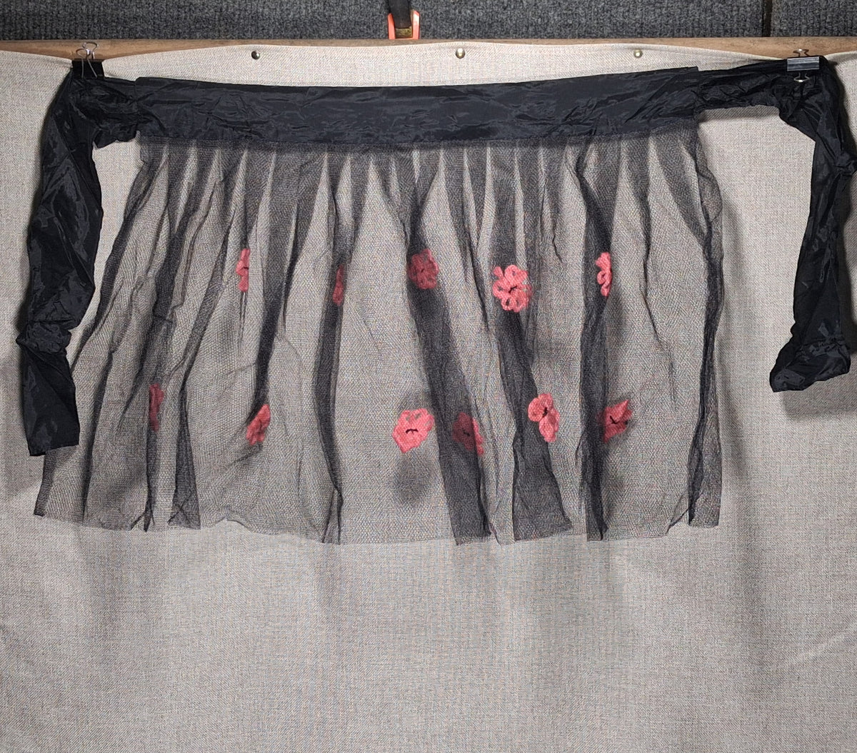 Vintage Sheer Black Apron with Red Felt Flowers
