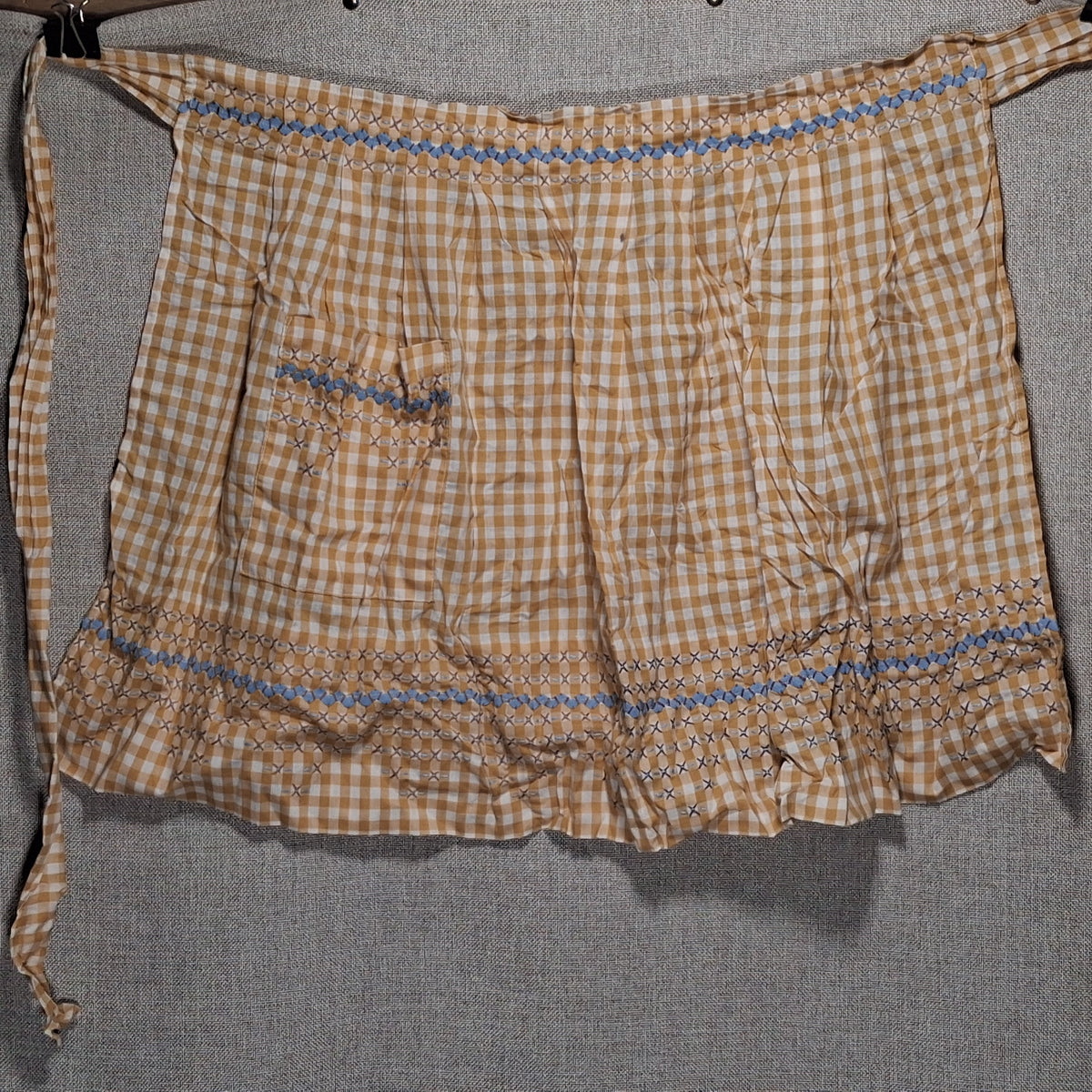 Vintage Tan and White Cotton Apron with Blue Embroidery and Pocket