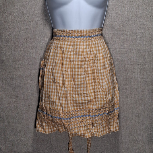 Vintage Tan and White Cotton Apron with Blue Embroidery and Pocket
