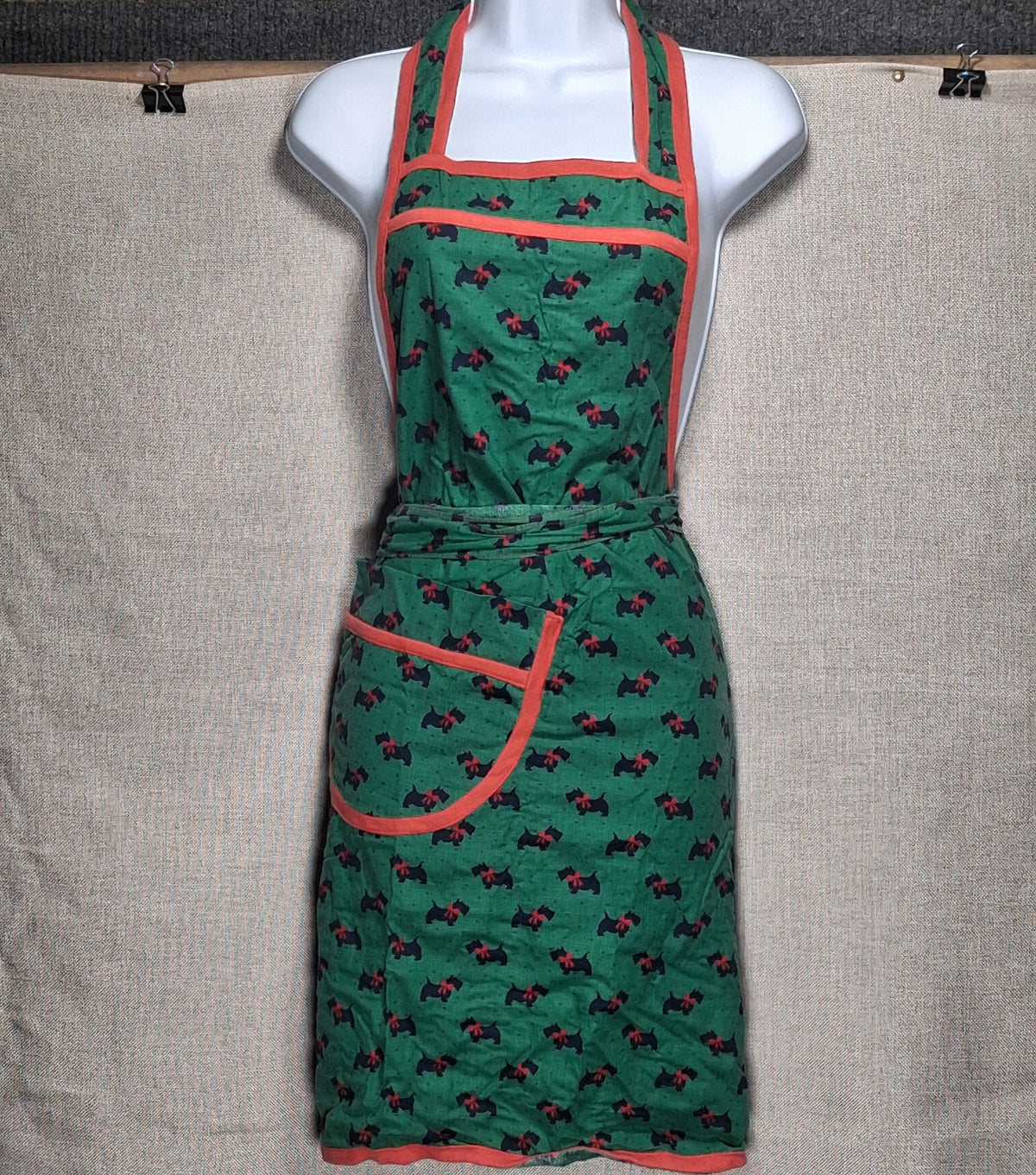Vintage Cotton Apron in Green with Red Piping, Puppies and a Large Pocket