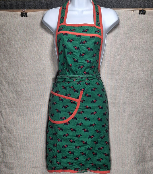 Vintage Cotton Apron in Green with Red Piping, Puppies and a Large Pocket