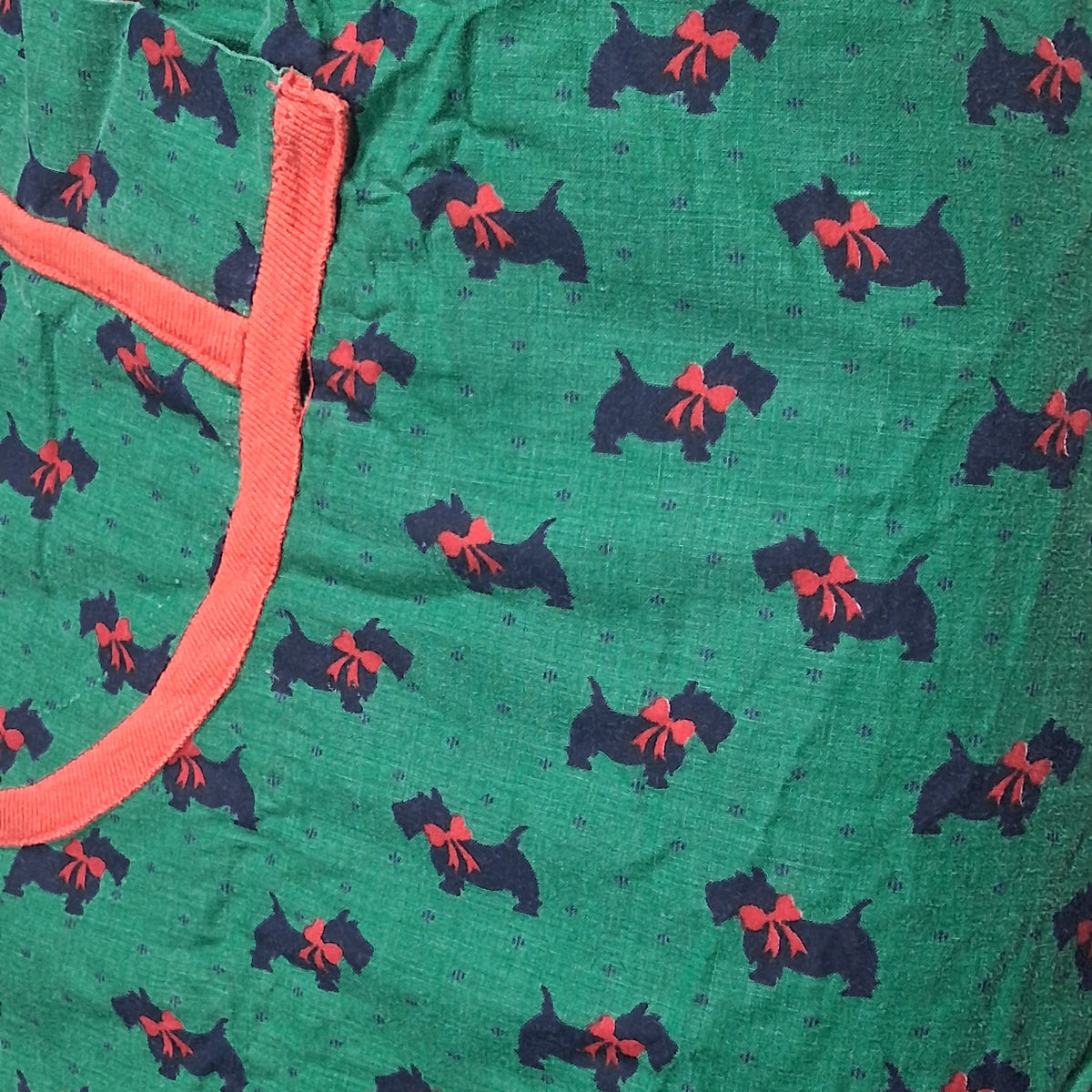 Vintage Cotton Apron in Green with Red Piping, Puppies and a Large Pocket