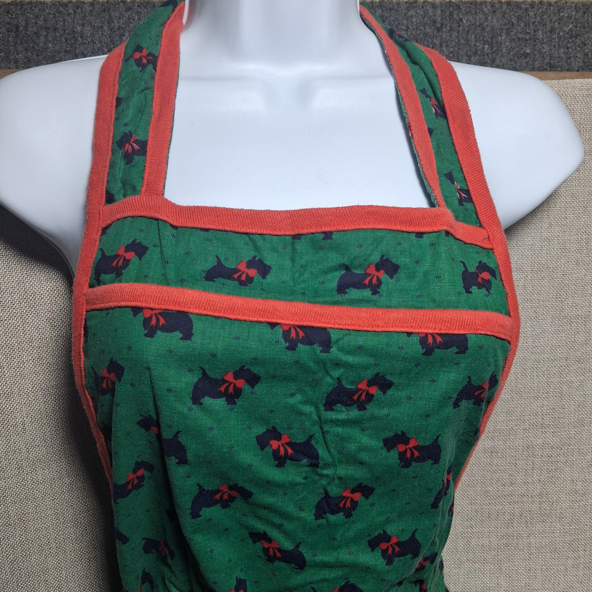 Vintage Cotton Apron in Green with Red Piping, Puppies and a Large Pocket