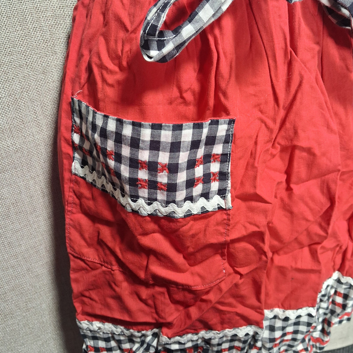 Vintage Cotton Apron in Red with Black and White Check and Big Pocket