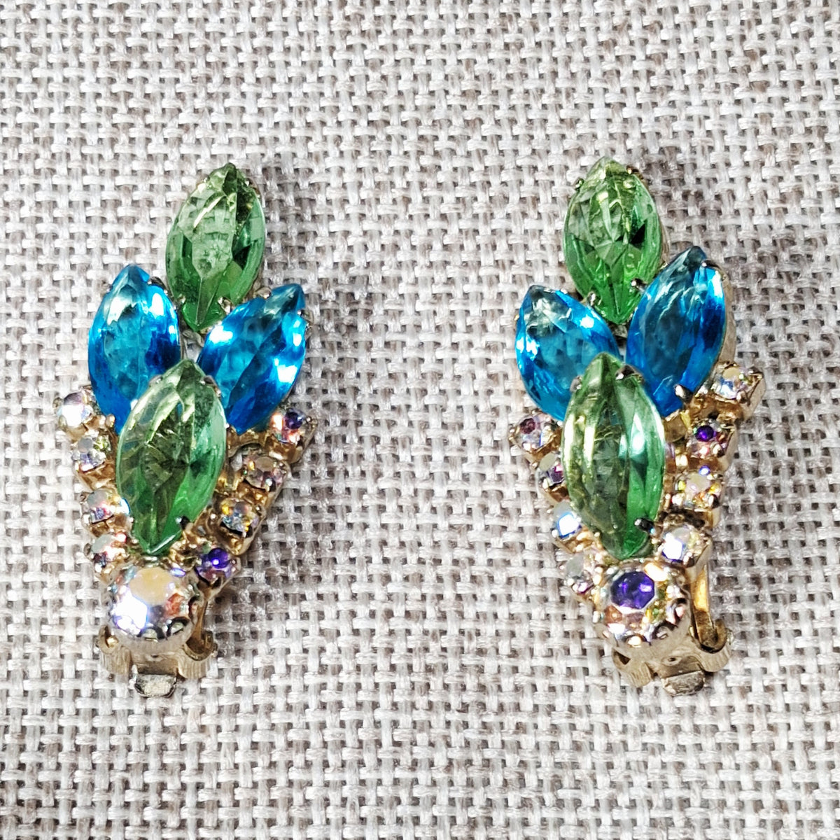 50s Vintage Rhinestone Clip Earrings in Blue, Green and Chevron of Aurora Borealis