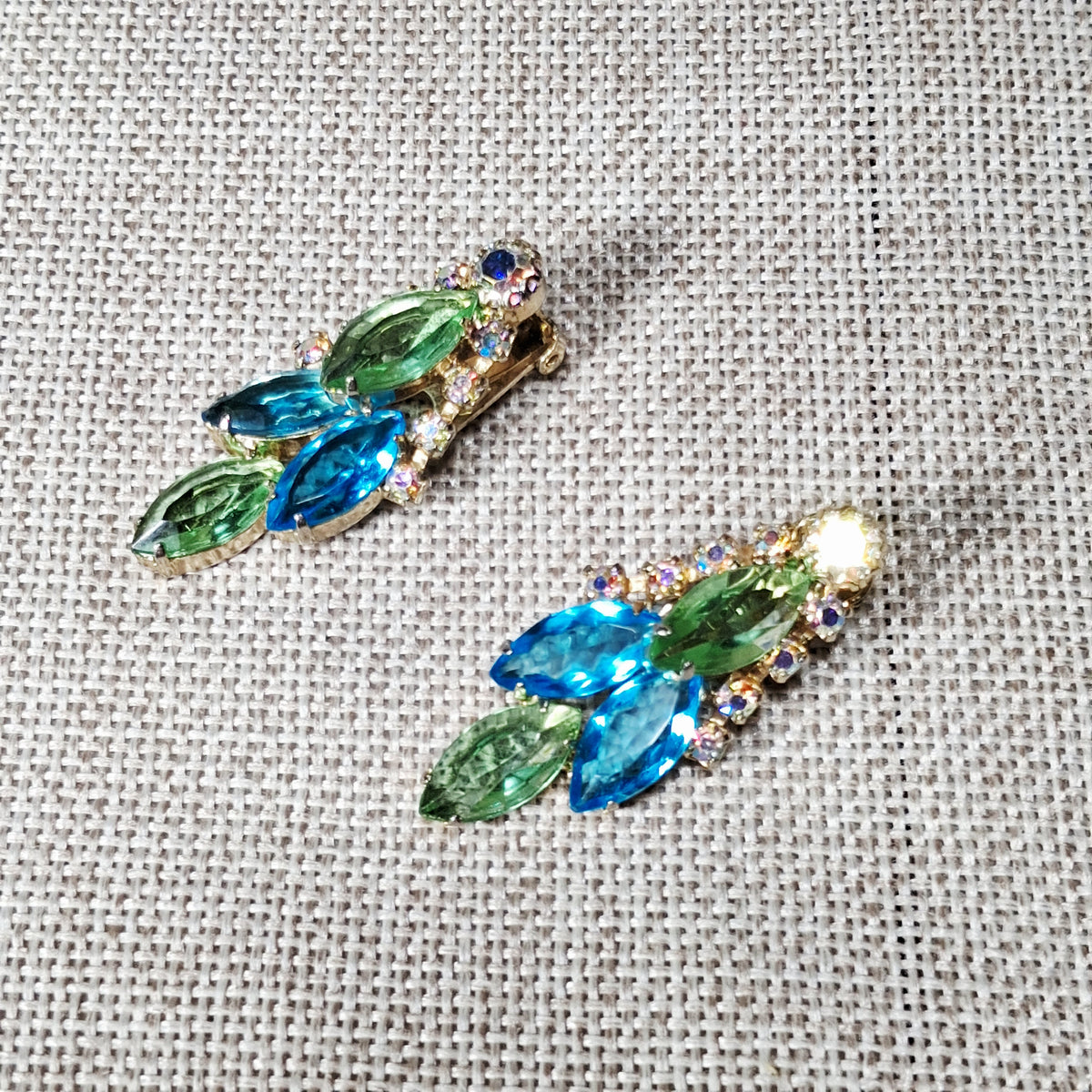 50s Vintage Rhinestone Clip Earrings in Blue, Green and Chevron of Aurora Borealis