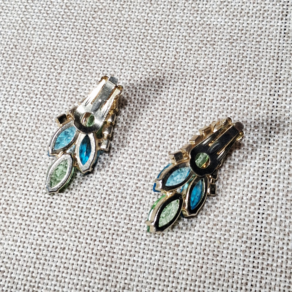 50s Vintage Rhinestone Clip Earrings in Blue, Green and Chevron of Aurora Borealis