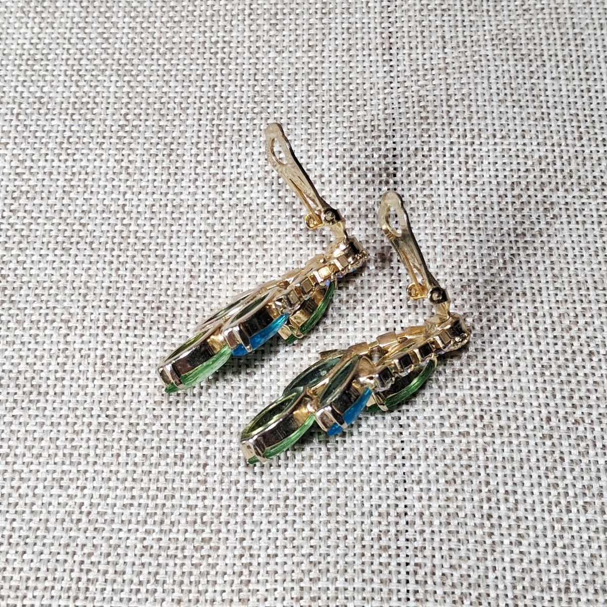 50s Vintage Rhinestone Clip Earrings in Blue, Green and Chevron of Aurora Borealis
