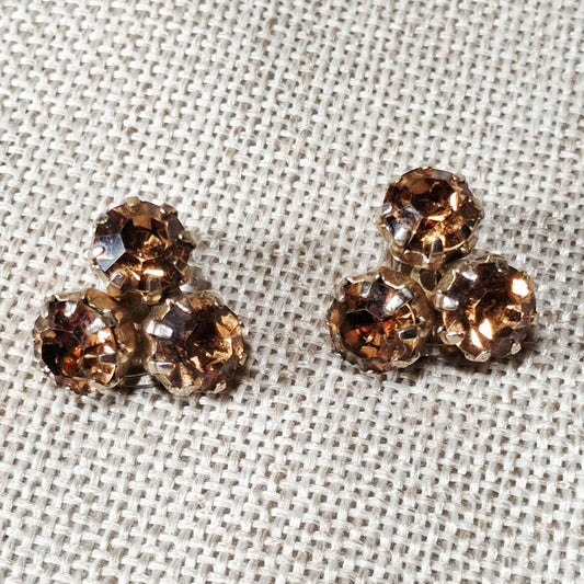 50s Vintage Clip Earrings with Three Root Beer Rhinestones by Weiss