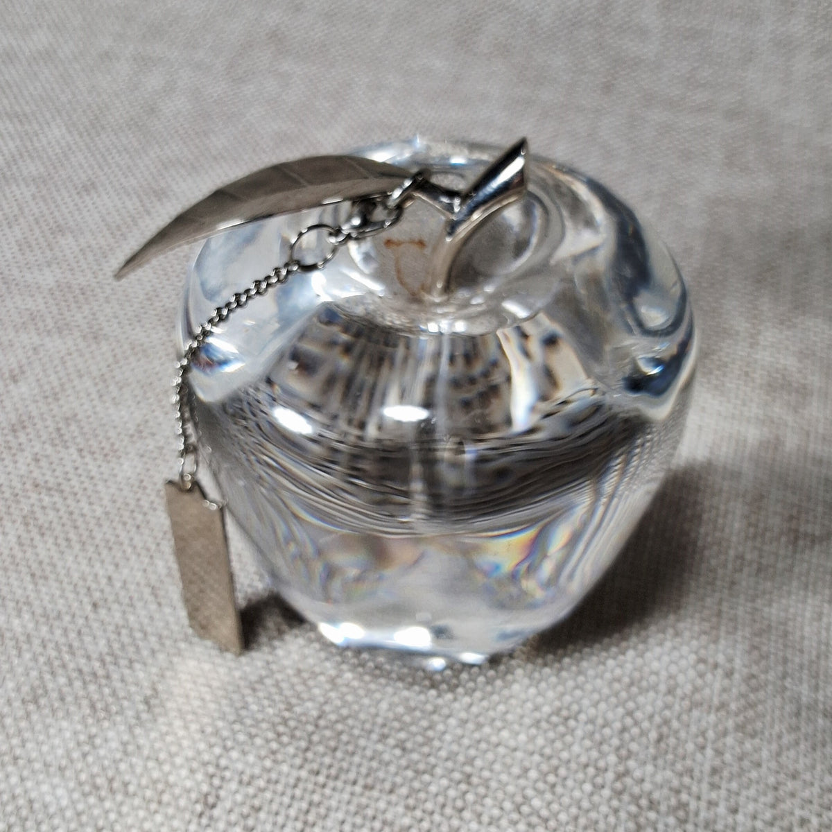 Vintage Glass Apple with a Silver Tone Metal Leaf and Stem