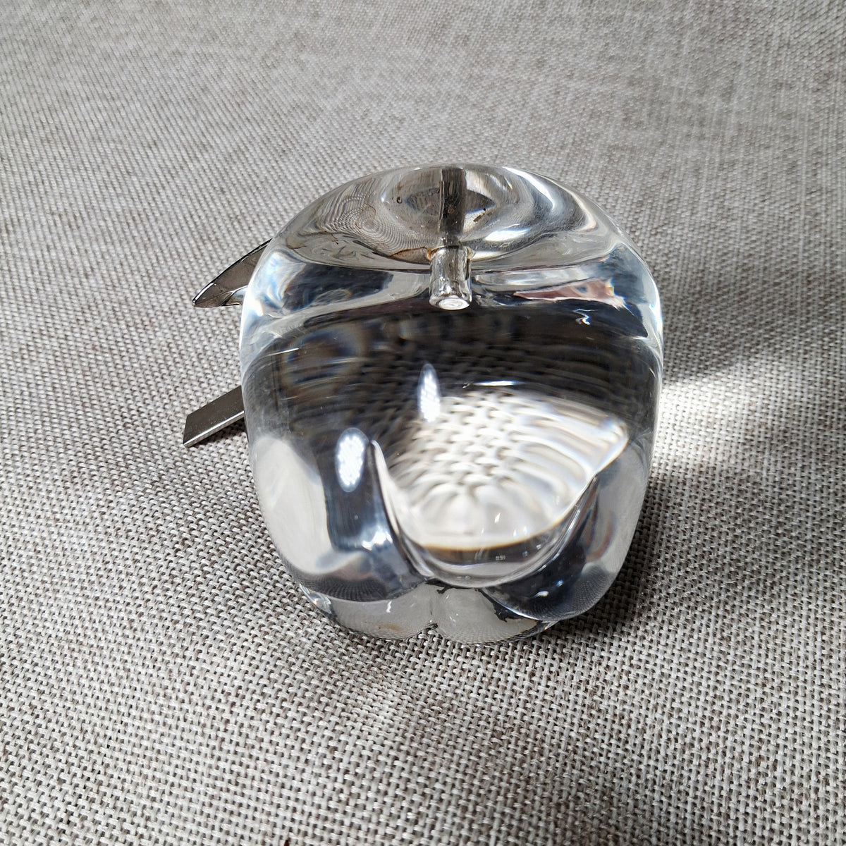 Vintage Glass Apple with a Silver Tone Metal Leaf and Stem