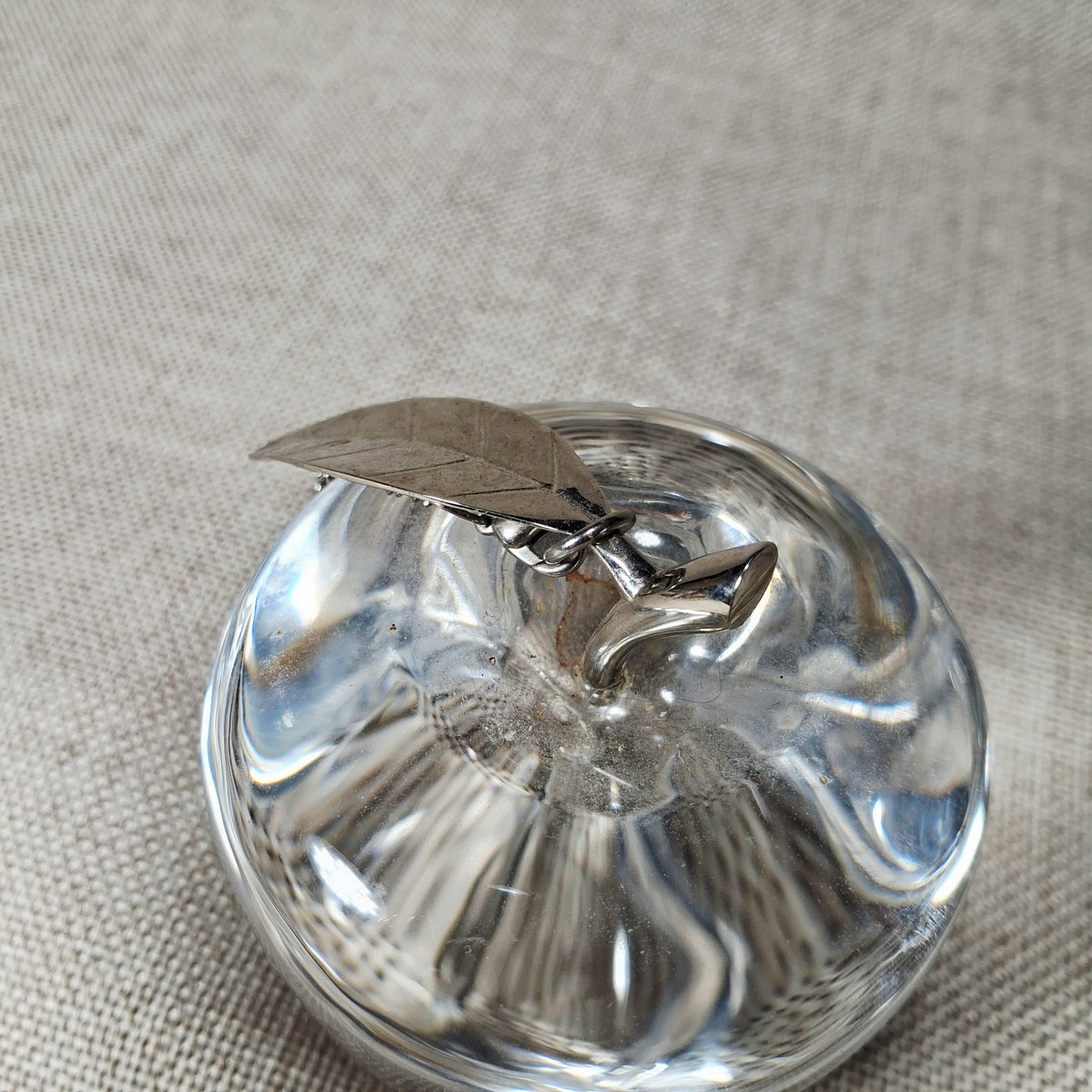 Vintage Glass Apple with a Silver Tone Metal Leaf and Stem