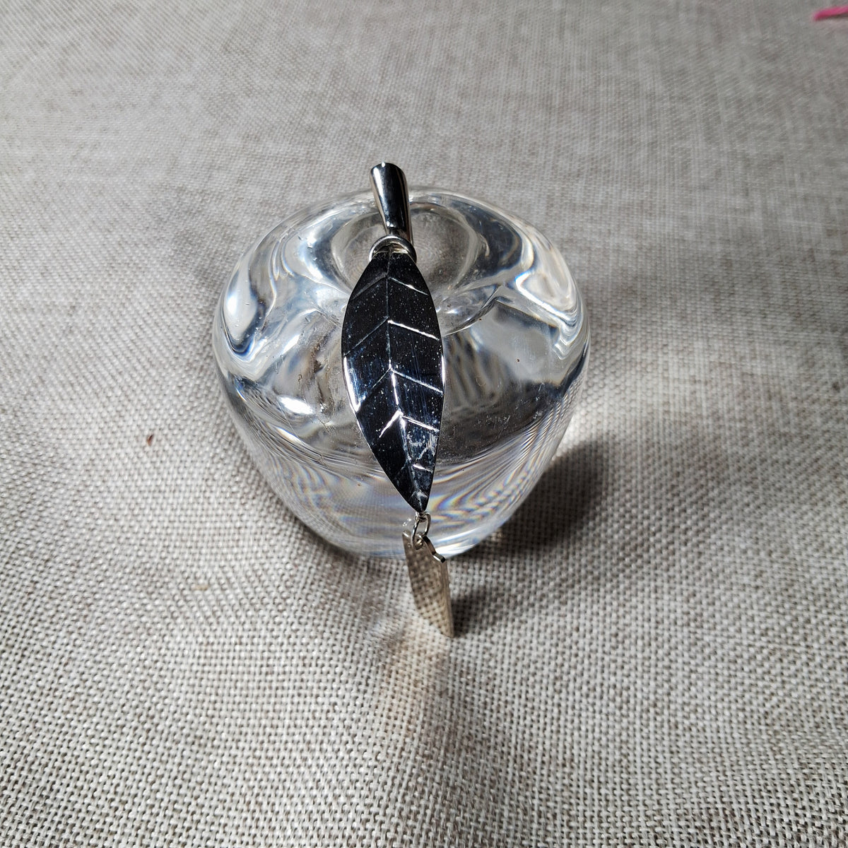 Vintage Glass Apple with a Silver Tone Metal Leaf and Stem