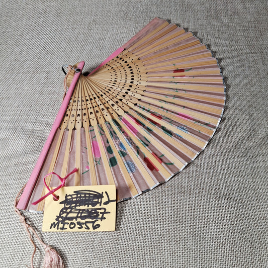 Vintage Pink Hand Fan with Hand Painted Flowers and Stems