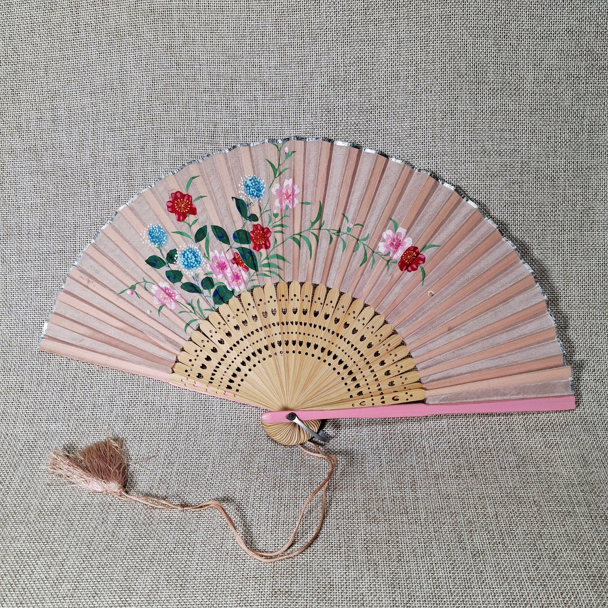 Vintage Pink Hand Fan with Hand Painted Flowers and Stems