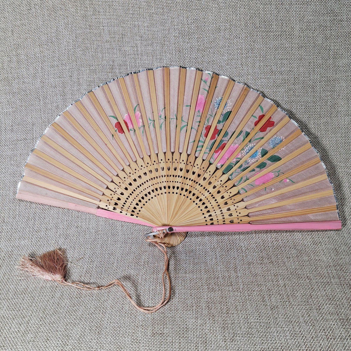 Vintage Pink Hand Fan with Hand Painted Flowers and Stems