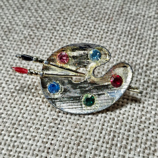 Vintage Painter's Pallet Pin: Silver with Multi Colored Rhinestones