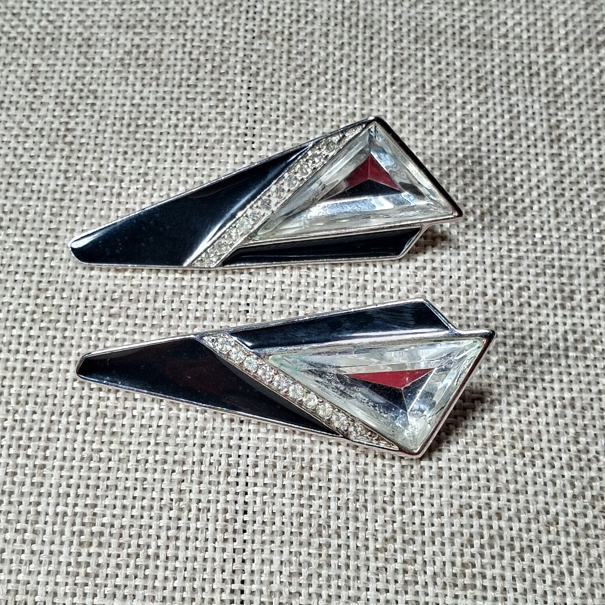 60s Vintage Pierced Earrings: Triangular Black, Glass, Rhinestones by Trifari-Kunio Matsumoto