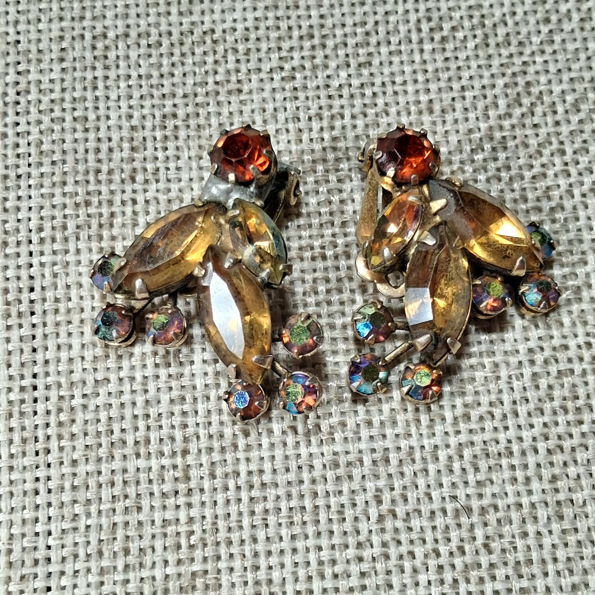Vintage Clip Earrings: Gold Tone Leaf with Red Rhinestones by Weiss