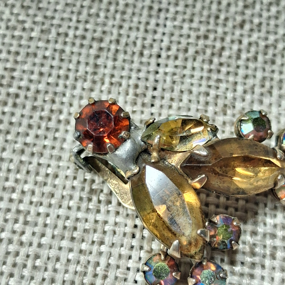 Vintage Clip Earrings: Gold Tone Leaf with Red Rhinestones by Weiss