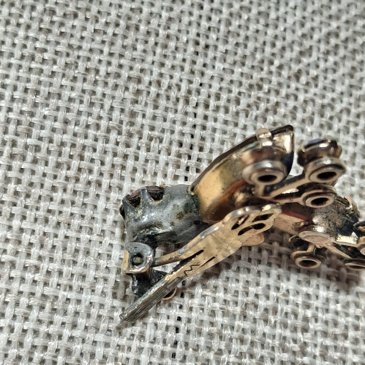 Vintage Clip Earrings: Gold Tone Leaf with Red Rhinestones by Weiss