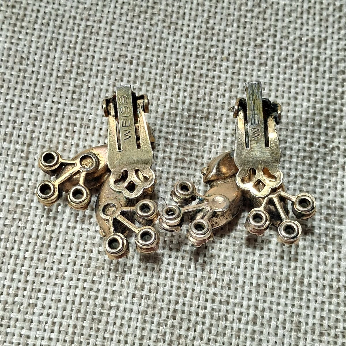Vintage Clip Earrings: Gold Tone Leaf with Red Rhinestones by Weiss