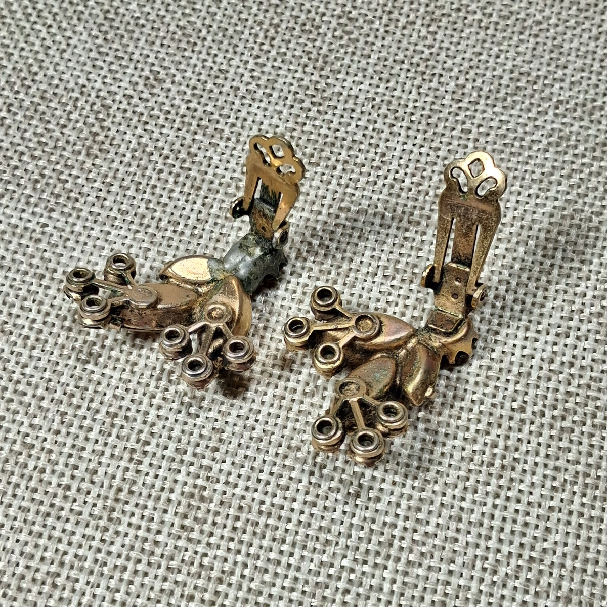 Vintage Clip Earrings: Gold Tone Leaf with Red Rhinestones by Weiss