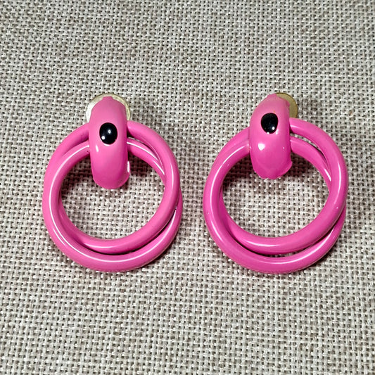 60s Vintage Double Small Hoop Pink Pierced Earrings with a Black Dot