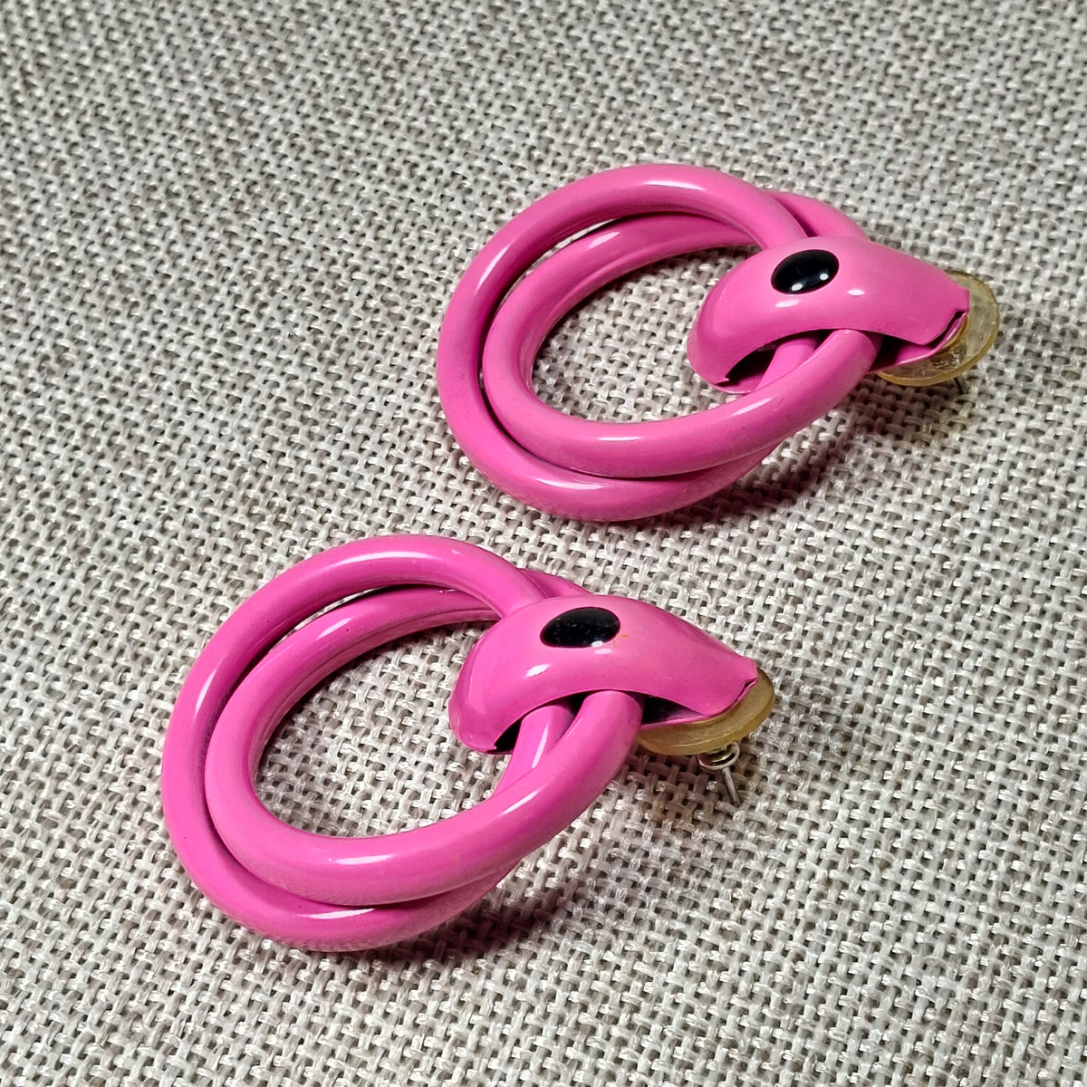 60s Vintage Double Small Hoop Pink Pierced Earrings with a Black Dot