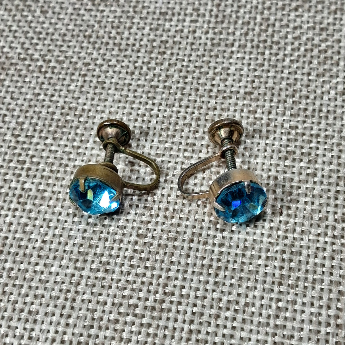 Vintage Screw Back Earrings with a Single Light Blue Rhinestone