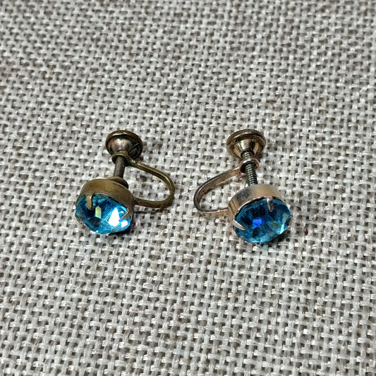 Vintage Screw Back Earrings with a Single Light Blue Rhinestone