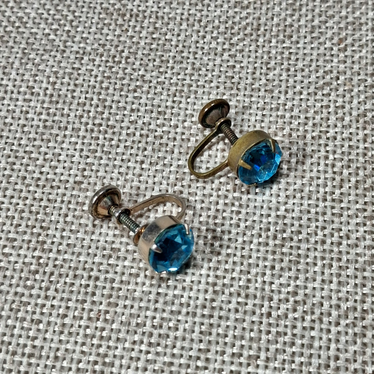 Vintage Screw Back Earrings with a Single Light Blue Rhinestone