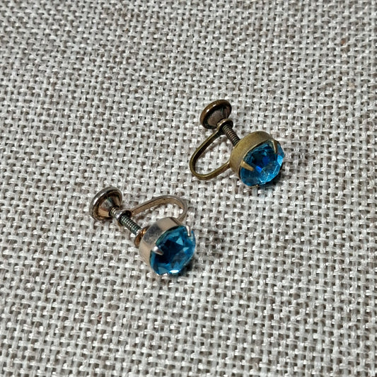 Vintage Screw Back Earrings with a Single Light Blue Rhinestone