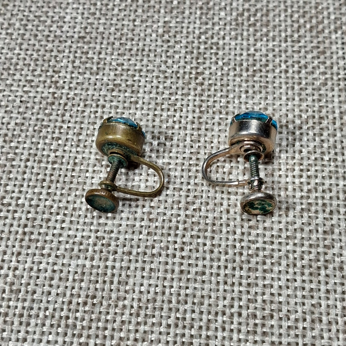 Vintage Screw Back Earrings with a Single Light Blue Rhinestone
