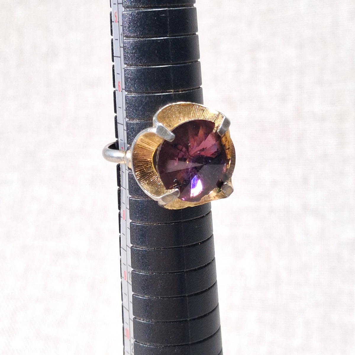 70s Vintage Ring with a Center Purple Rhinestone and Gold Tone Flares: Size 7.0